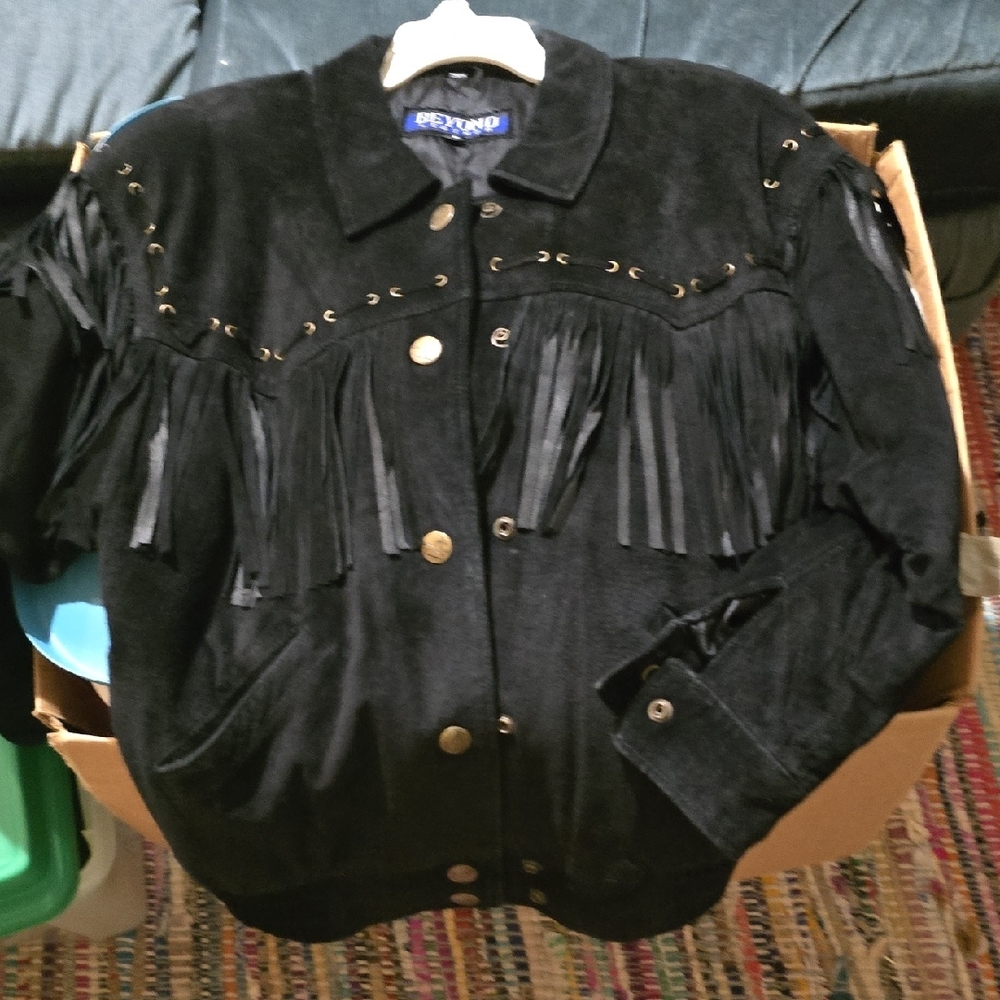 Black Leather Fringe Jacket with Western Flair Unisex